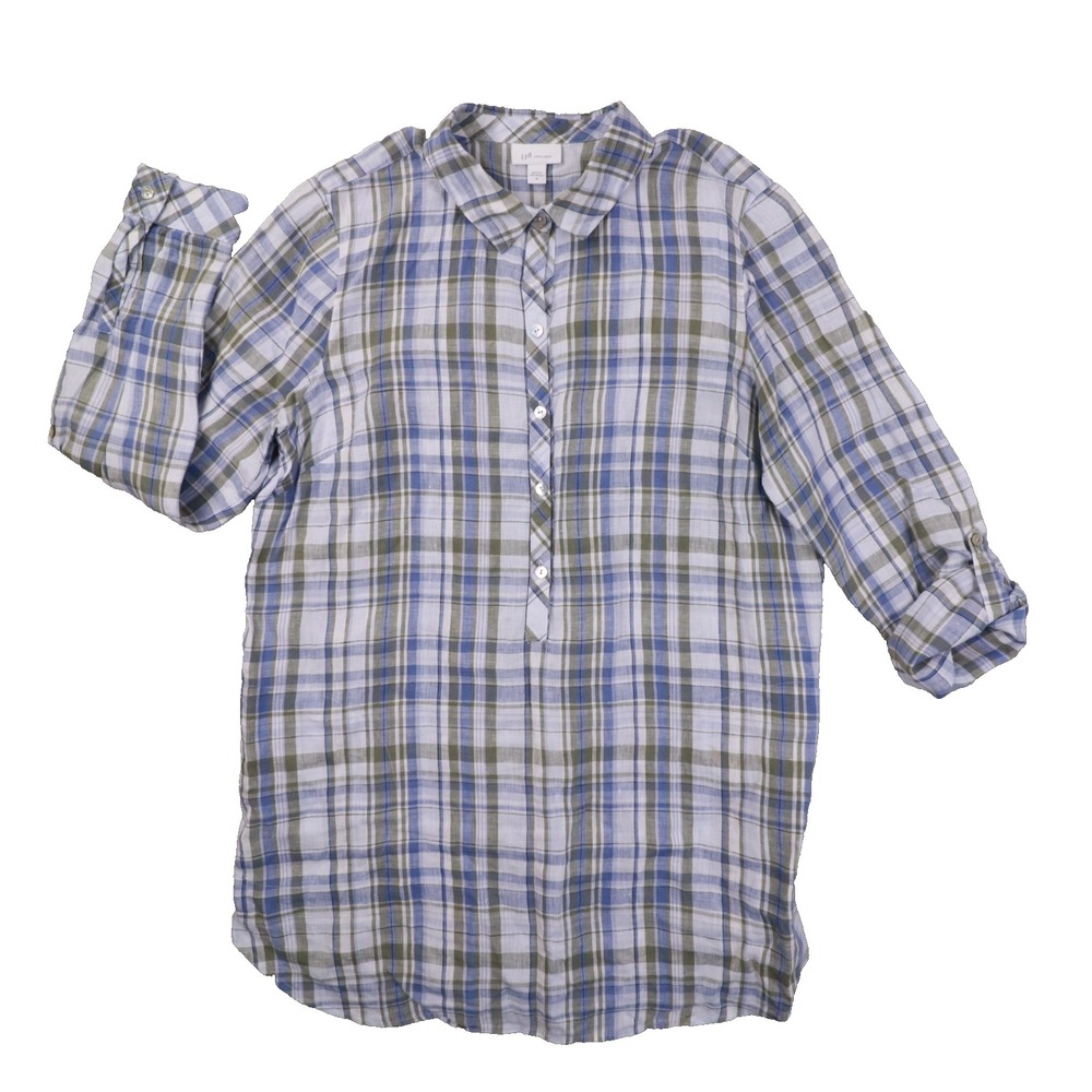 J.Jill Love Linen Blue‎ White Plaid Long Sleeve Roll Tab Tunic Shirt Women's Med